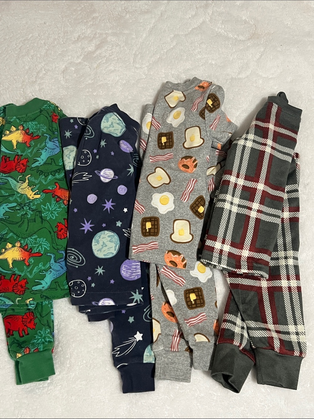 New!! 4 Pajama Sets Green Dinosaur Print Sleepwear Top with Red, Blue, Yellow
